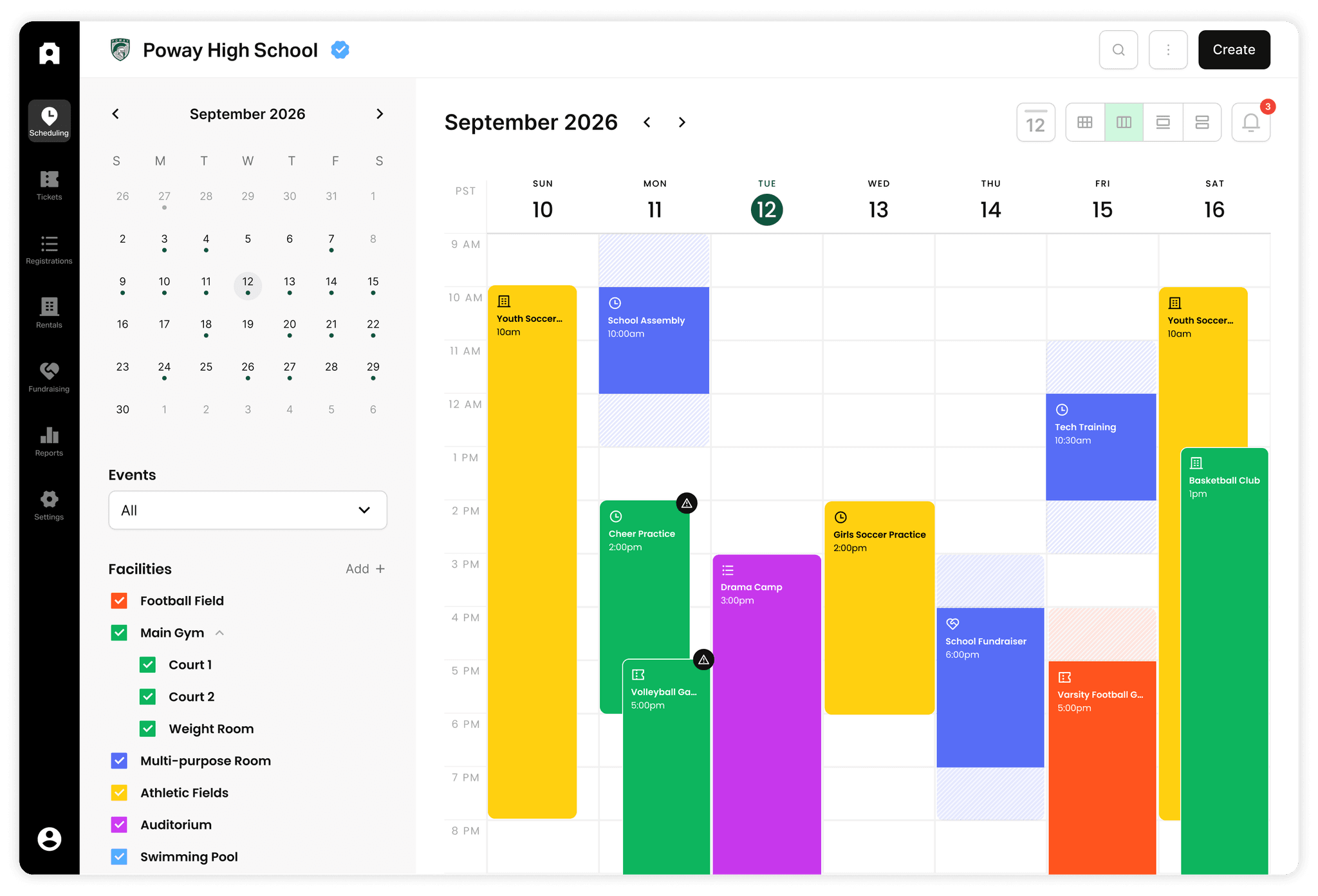 Admittee's shared facility calendar with color-coded bookings across every space