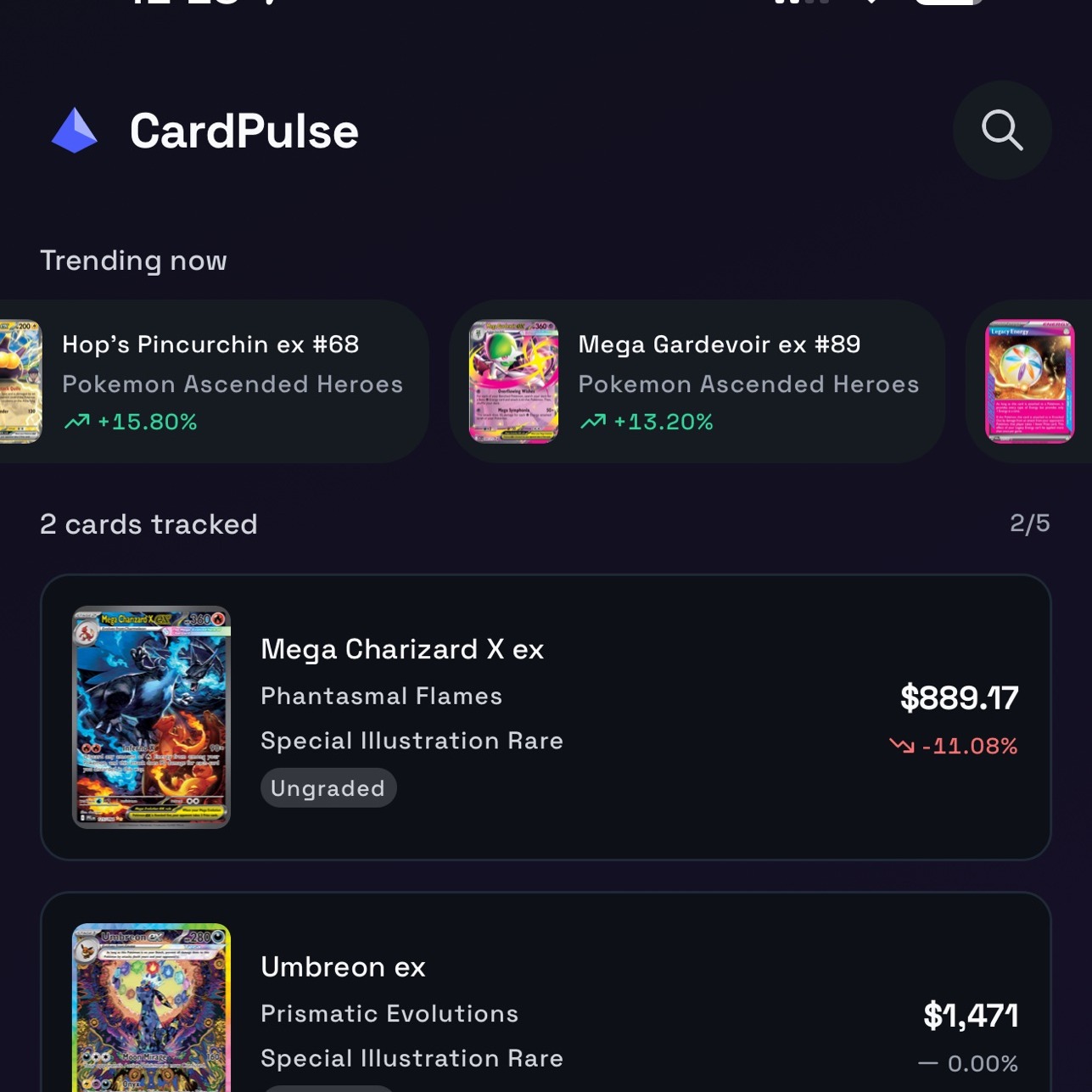 The watchlist: tracked cards, live prices, deltas since added
